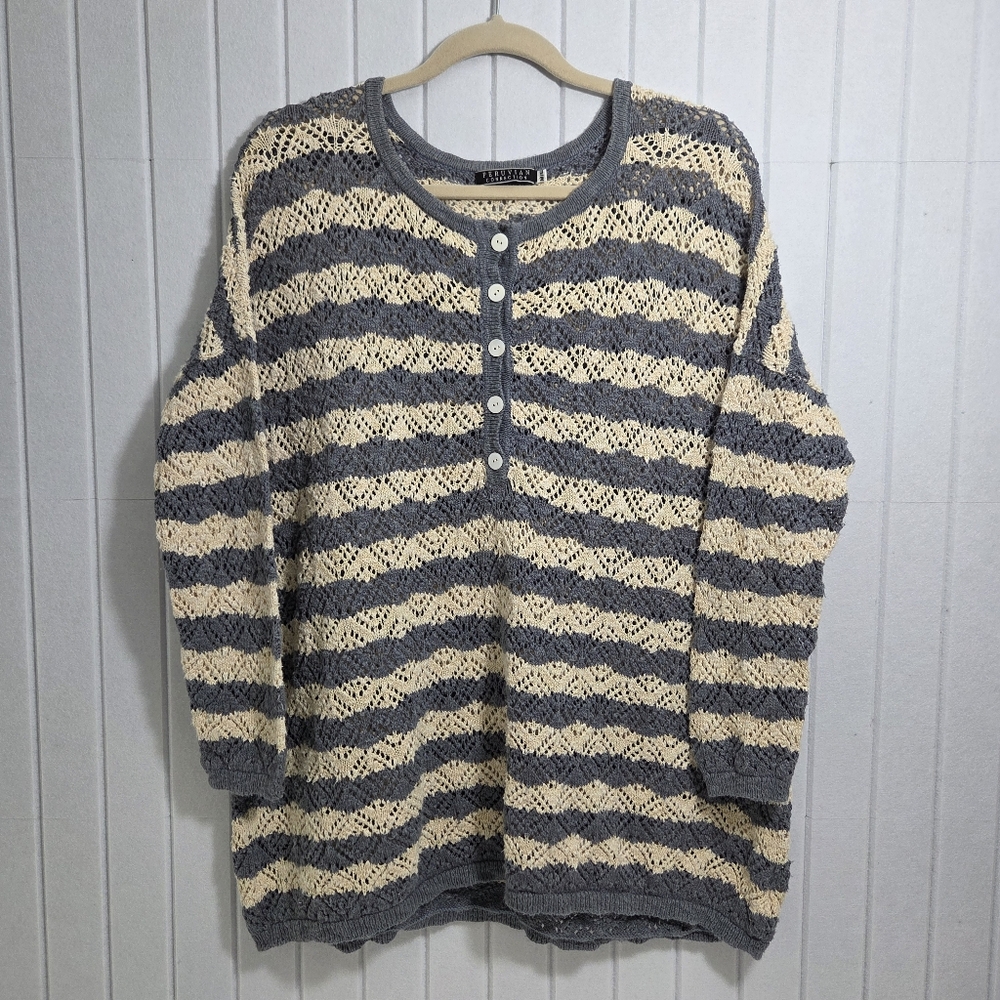 Peruvian Connection Vintage Crochet knit Blue and Cream Striped Sweater Size M/L